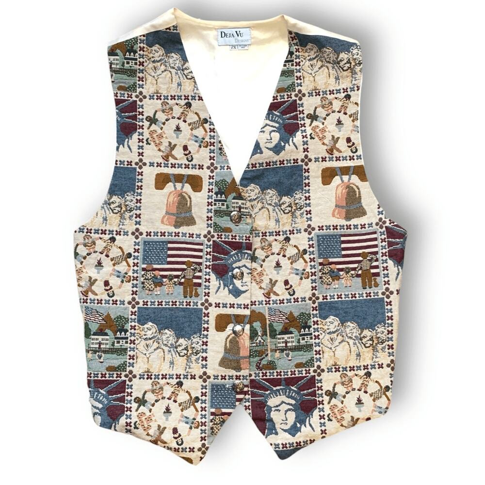 Vintage 90s Patriotic Tapestry Vest Plus Size 2X Americana Liberty Bell Flag